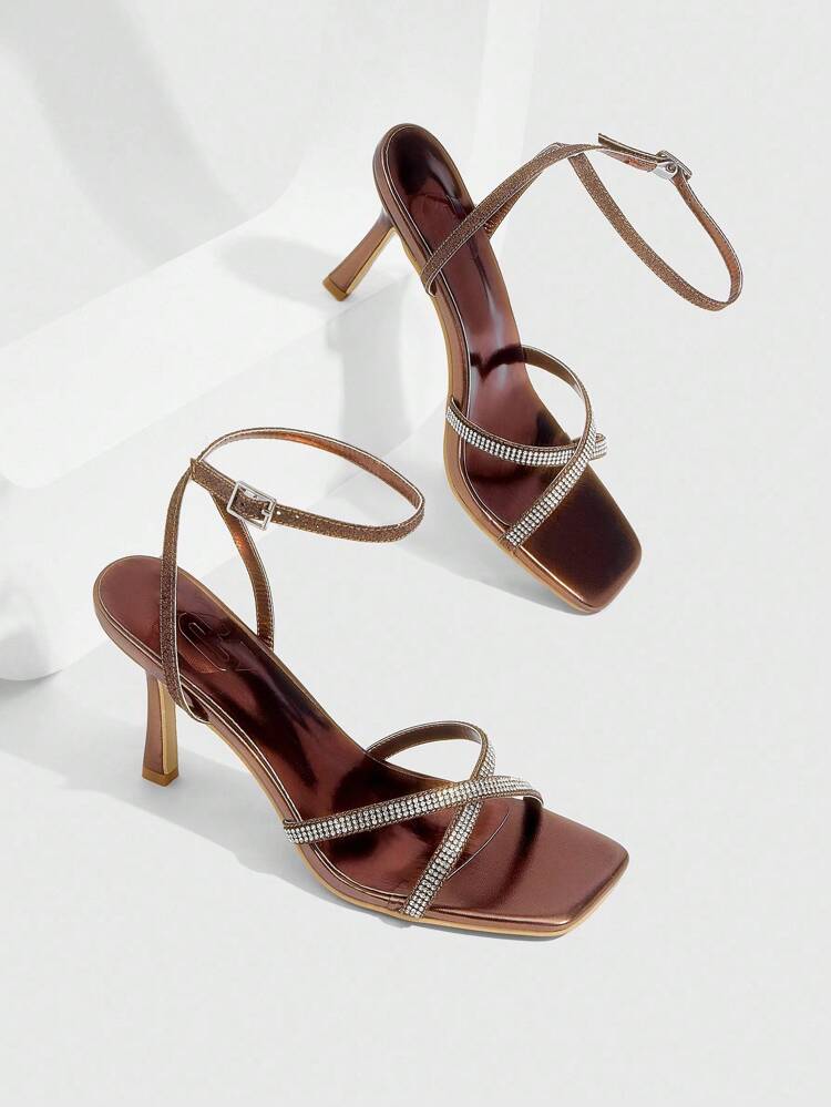 CUCCOO SZL Bronze Metallic PU Silver Rhinestone Decor Strap Buckle Square Toe Summer Outdoor Fashion Sexy Metallic Luxurious Elegant High Heel Sandals For Women