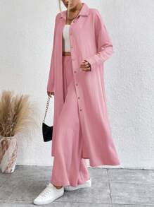 SHEIN LUNE Women's Solid Color Drop Shoulder Long Sleeve Single-Breasted Long Shirt And Pants Casual 2 Pieces Set