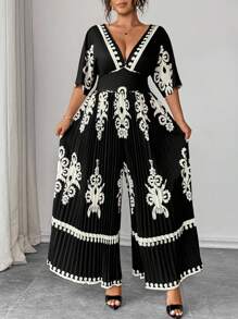 Elenzga 复古休闲度假风褶皱无袖抽绳腰褶长裤连体裤，黑色，加大码，春夏秋季 - 黑色 - 查看 4