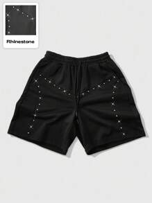 ROMWE MEN Casual Men's Street Style Bling Rhinestone Print Shorts - Black - View 1
