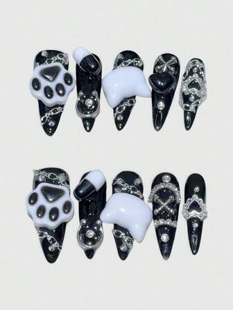 Kawaii 10pcs Black Y2K Personalized Pill Decor Cute Cat Paw Punk Metal Cross Chain Dark Style Handmade False Nail Tips, Suitable For Daily Outing And Dates For Millennium Girls
