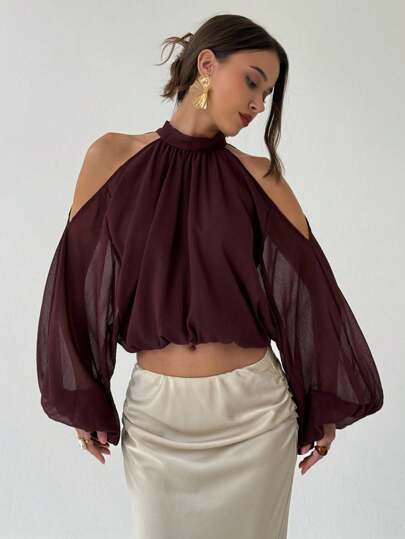 Aloruh Elegant Solid Color Open Shoulder Cropped Halter Top Summer Summers Summer Clothes Beachs For Woman Beach Vacation Vacations Woman Boho Tropical Vacation Woman Clothe Fairycore Concert Women Raves Festival Country Concert Ibizas Nashvilles Western Wear Women Western Boho Streetwear Tropical Gyaru Cute Summer Tops Off The Shoulder  Off The Shoulder Off The Shoulder Top Off Shoulder Top Off The Shoulder Tops Flowy Top Elegant Women's Blouses