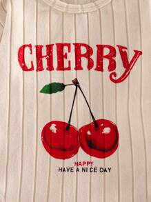 SHEIN Playful Pals 6 件套女婴秋冬新款罗纹针织面料杏色樱桃印花纯色服装，3 件套长袖上衣和裤子，时尚休闲可爱套装 - 彩色 - 查看 9