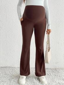 SHEIN Ropa de otoño, ropa de otoño, ropa de maternidad de otoño Pantalones de maternidad casuales de unicolor con cintura alta ajustable y bajo con abertura, pantalones de maternidad versátiles, pantalones de embarazo, pantalones de maternidad acampanados, leggings de maternidad, pantalones de maternidad marrones