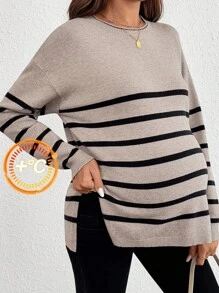 SHEIN 秋装，秋装，孕妇装 秋装 孕妇装 孕妇条纹落肩长袖侧开衩下摆休闲毛衣孕妇装 秋季孕妇毛衣 条纹孕妇毛衣 孕妇装 秋季孕妇装 孕妇毛衣 孕妇套头衫 - 駝色 - 查看 3
