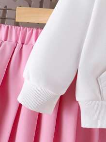 Young Girls Cute Multi-Color Bow Hooded Long Sleeve White Fashion Sweatshirt Paired With Pink Pleated Comfortable Skirt T-Shirt Set, Autumn/Winter - White - View 3