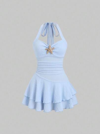 Sweetra Women's New Spring & Summer Suitable For Beach Vacation Elegant Textured Fabric Halter Neck Tie Front Ruched Metallic Decor Tiered Ruffle Hem Playful Mini Dress