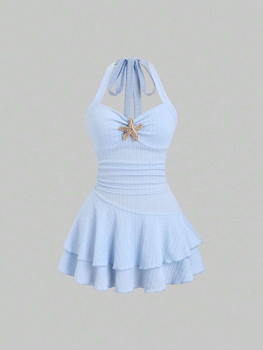 Sweetra Women's New Spring & Summer Suitable For Beach Vacation Elegant Textured Fabric Halter Neck Tie Front Ruched Metallic Decor Tiered Ruffle Hem Playful Mini Dress - Blue - View 1