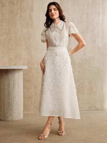 Anewsta Elaire Elegant Fashion Water-Soluble Lace Patchwork 3D Floral Embellished Blouse, Summer - Apricot - View 6