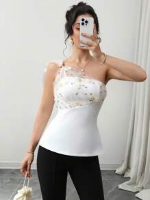 Modelyn Women's Summer Elegant Flower Embroidery Mesh Patchwork Blouse - White - View 1