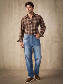 Manfinity Homme 男士中蓝色宽松直筒牛仔裤 - 中等水洗藍 - 查看 5