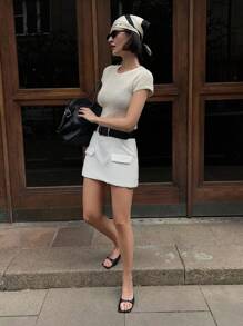 DAZY Blusa de punto de manga corta y unicolor casual para mujer, verano