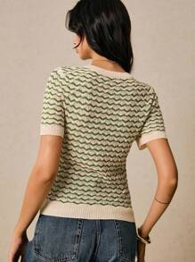 Poéselle Women's Casual Striped Short Sleeve Knit Top, Summer - Green - View 4