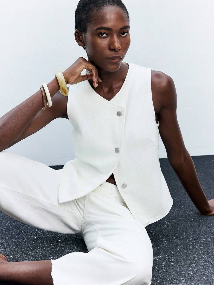 SHEIN Maija Blue V-Neck Single-Breasted Loose Casual Waistcoat Sleeveless Denim Top, Suitable For Spring/Summer, Western Wear For Women, 4th Of July, Saint John, Graduation, Holidays