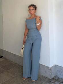 Jeta Ari 2 件女式百搭露肩上衣和抽绳阔腿裤套装，简单百搭