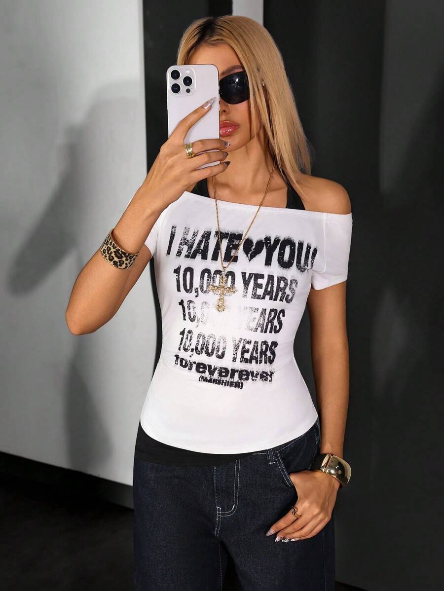 Jeanoix 夏季新款 Y2K 复古欧美时尚二合一露肩不对称字母数字印花女式 T 恤 - 黑與白 - 查看 1