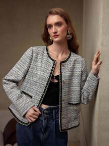 MOTF PREMIUM 粗花呢纽扣轻便夹克 - 黑與白 - 查看 7