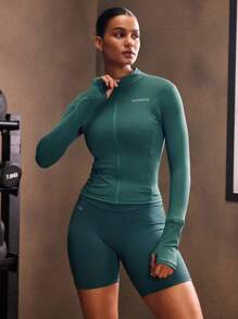 Powerista Chaqueta deportiva ajustada con cremallera y estampado de letras de manga larga para mujer