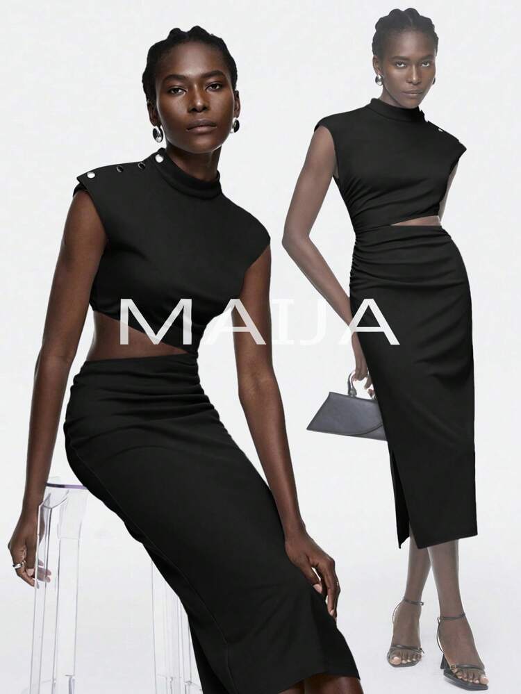 SHEIN Maija レディースサマー ノースリーブ スタンドカラー ボタン装飾ウエストカットアウト シャーリング スリム エレガントドレス