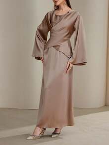 Veilorie Women's Elegant Solid Color Wrap Around Dress - Mocha Brown - View 4