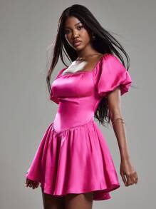 NYA SZN Dress Off The Shoulder Puff Sleeve Satin Bright Pink Mini Bridal Bridesmaid Special Occasion Sundresses Summer Spring Statement Valentines Day Carnival Outfits For Women