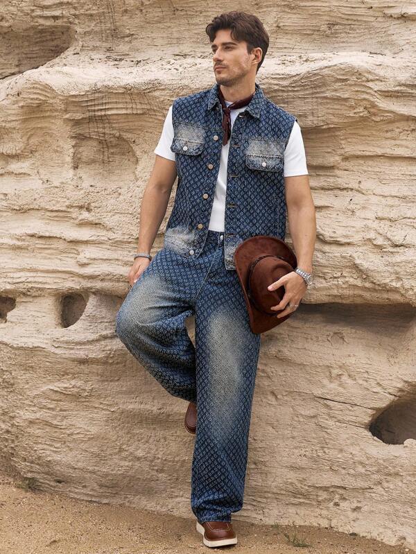 RivetRise 男士提花复古背心和牛仔裤套装，春秋