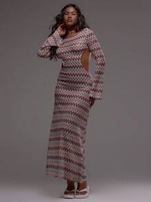 MUSERA Beige Autumn Boho Vacation Boat Neck Cut Out Long Sleeve Textured Patterned Crochet Striped Maxi Dress,Festival Holiday Beachwear Summer Ibiza Dress - Multicolor - View 3