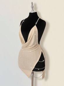 SHEIN ICON 女式彼得潘领迷你连衣裙，V 领 A 字裙，适合派对、生日、日常穿着、野餐，性感秋冬季香槟色连衣裙夜总会连衣裙水钻连衣裙闪光连衣裙 - 黑與白 - 查看 4