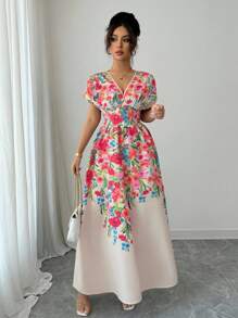 Rafferiza 优雅女士长款印花交叉前襟束腰无袖连衣裙，春夏