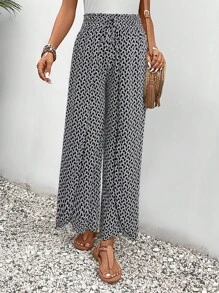 SHEIN PETITE CURVE Plus Size Women Geometric Print Tie Waist Wide Leg Loose Pants - Black - View 5