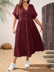 SHEIN Essnce Váy dài vừa phải, cổ chữ V, tay ngắn, chất liệu vải đen họa tiết, thời trang xuân hè cho nữ, rộng rãi, thoải mái, mặc hàng ngày, cỡ lớn, có túi, trang phục mùa hè cho nữ, váy công sở, váy đen cong, trang phục đi nhà thờ cho nữ - Màu Đỏ Sâu - Xem 7