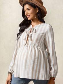 Boho Mama Pregnant Women Striped Front Tie Long Sleeve Ruffle Hem Casual Blouse - Khaki - View 3