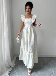 Selianne 女士优雅提花荷叶边下摆连衣裙，夏季 - 杏色 - 查看 4