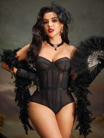 PinupPomp 女士复古紧身胸衣，无肩带修身支撑钢圈网眼拼接复古宫廷风格性感紧身衣，外出