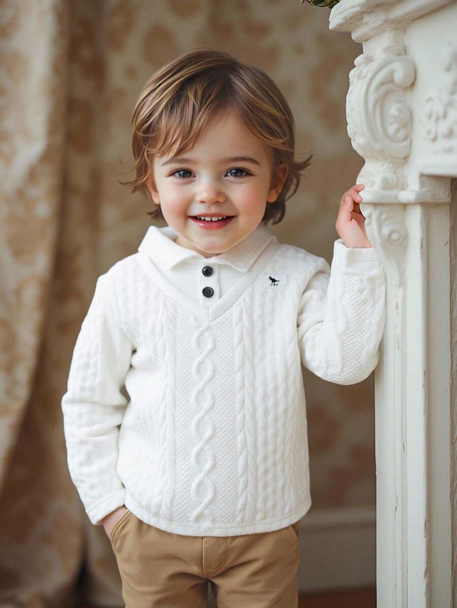 SHEIN 时尚幼儿男童春秋休闲学院风白色针织提花恐龙印花长袖 Polo 衫