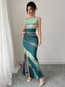 Rafferiza 女式扎染不对称领口短款上衣和紧身迷你裙两件套 - 綠色 - 查看 6