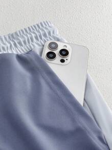 Manfinity VCAY 2件套男士休闲拼接宽松落肩圆领短袖T恤套装 - 藍色 - 查看 3