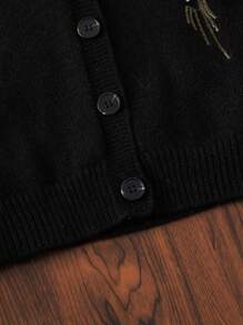 女婴开衫毛衣，黑色绿色枝条和白色刺绣，文艺休闲度假风，适合春、秋、冬季节穿着，保暖背心外套，黑色纽扣时尚开衫，女婴毛衣背心，女婴开衫，开衫，女婴针织背心，女婴毛衣背心 - 黑色 - 查看 4