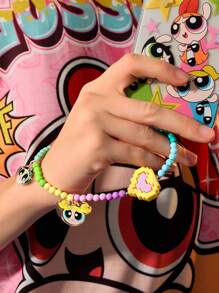 THE POWERPUFF GIRLS X SHEIN 花朵、泡泡、毛茛图案心形串珠挂绳手机挂饰，适用于所有手机壳，毛茛花朵泡泡，情人节