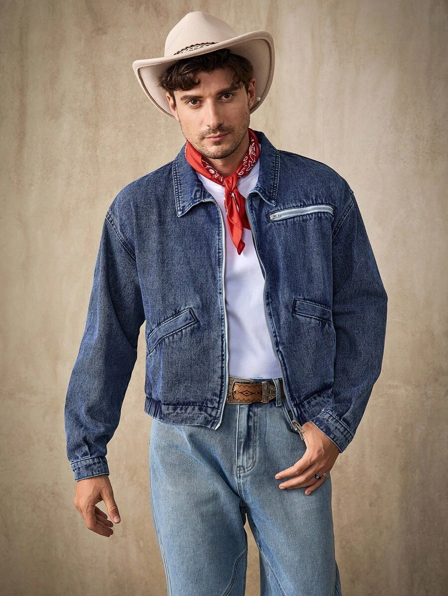 Manfinity Homme Casual Men's Zip-Up Denim Jacket, Streetwear Style Washed Outerwear - Blue - View 1