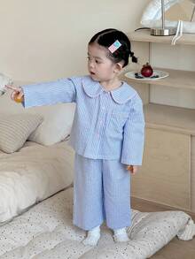 DAZY Baby Girls' Striped Korean Style Peter Pan Collar Long Sleeve Casual Pajamas - Blue - View 7