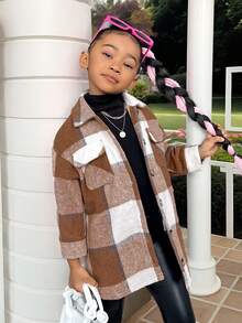 SHEIN SLAYR Young Girl Young Girl Urban Elegant Plaid Jacquard Loose Mid-Length Coat Fall Winter - Red and White - View 8