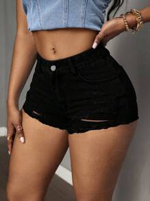 Slaydiva Plus Size Summer Casual Solid Color Distressed Denim Shorts - Black - View 4