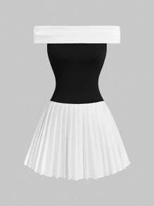 Giddy West Giddy West 1pc Women Off-Shoulder Colorblock Ruffle Elegant Mini Dress - Black and White - View 2