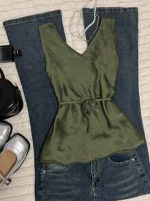Rina Fox Plus Size Casual Commuter Simple Solid Color Sleeveless Top For Women - Dark Green - View 2