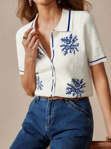 Florisole Cárdigan asimétrico de punto estilo bohemio, jersey de punto con cuello polo, suéter de punto informal para primavera - Albaricoque - Ver 2