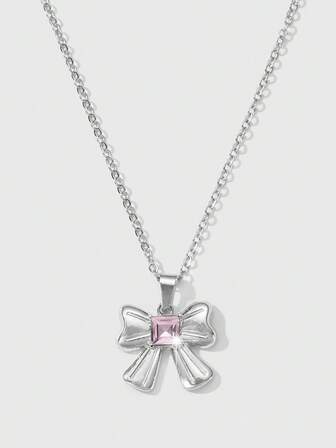 Kawaii 1 pezzo Elegante collana minimalista di alta qualità in argento con catena cava, cristallo rosa quadrato e fiocco, adatta per uso quotidiano delle donne, regalo per le vacanze