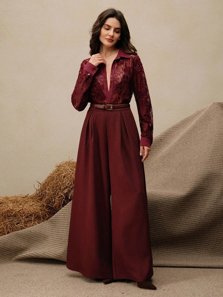 Women's Vintage Elegant Floral Embroidery Lace Patchwork Sheer Blouse, Burgundy, Loose Fit Turndown Collar, Suitable For Party And Evening Wear, Autumn/Winter