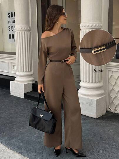 Elenzga 女士休闲通勤纯色不对称领连体裤