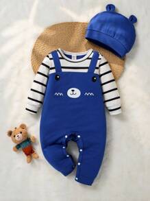 SHEIN 2 件婴幼儿条纹熊图案连体衣和立方耳帽，儿童服装套装，婴儿服装，适合秋冬季场合和日常穿着 - 藍色 - 查看 3